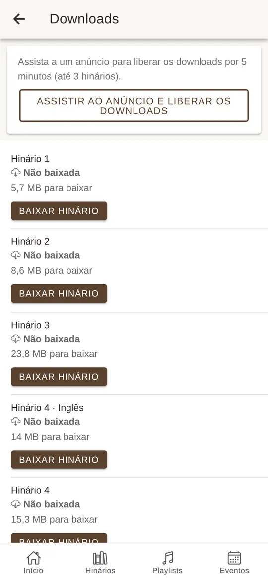 A página de Downloads, com cada hinário e o tamanho para baixar.
