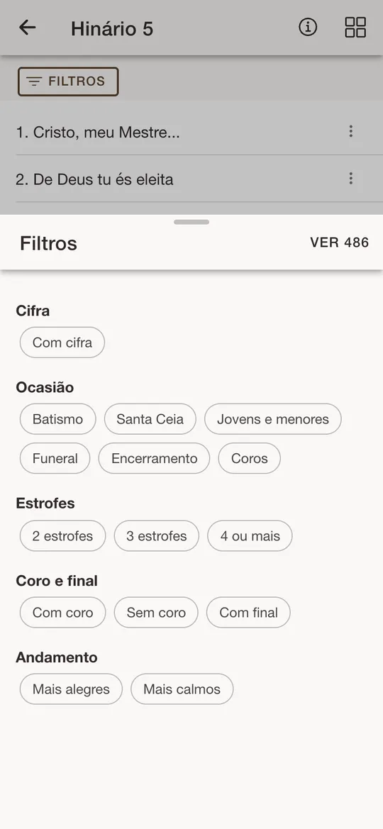 Os filtros da lista de hinos do Hinário 5.