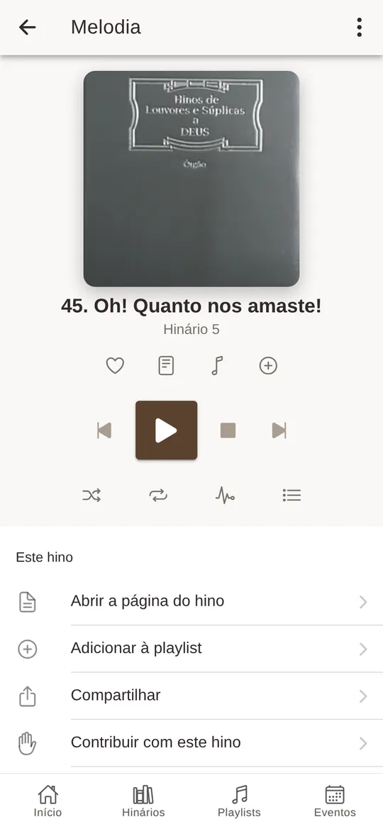O player da melodia do hino 45, com os controles de reprodução.