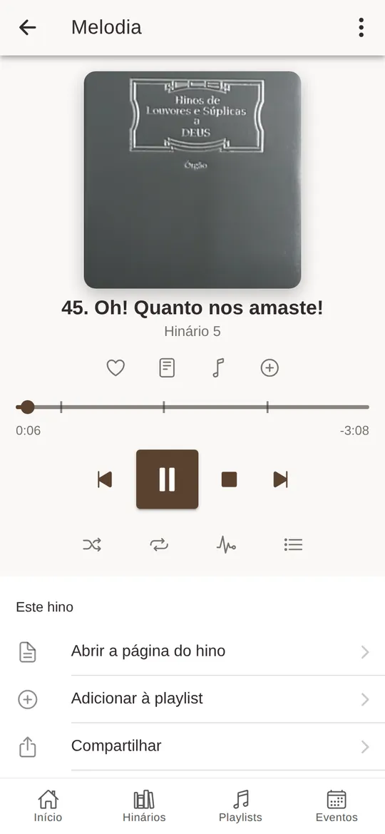 O player da melodia tocando o hino 45 do Hinário 5.