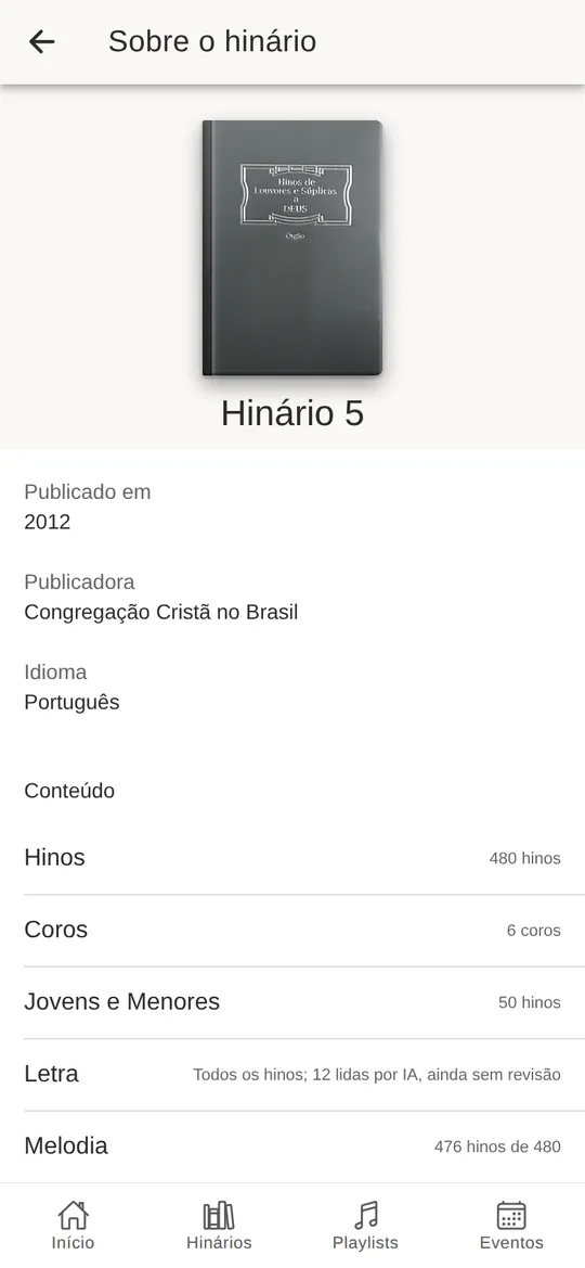 A página "Sobre o hinário" do Hinário 5: ano, publicadora e conteúdo.